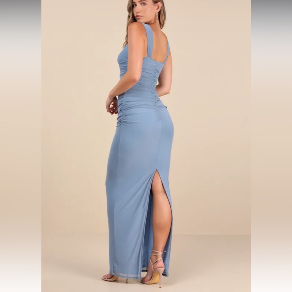 Lulu's Dusty Blue Ruched Midi Dress - Picture 4 of 6